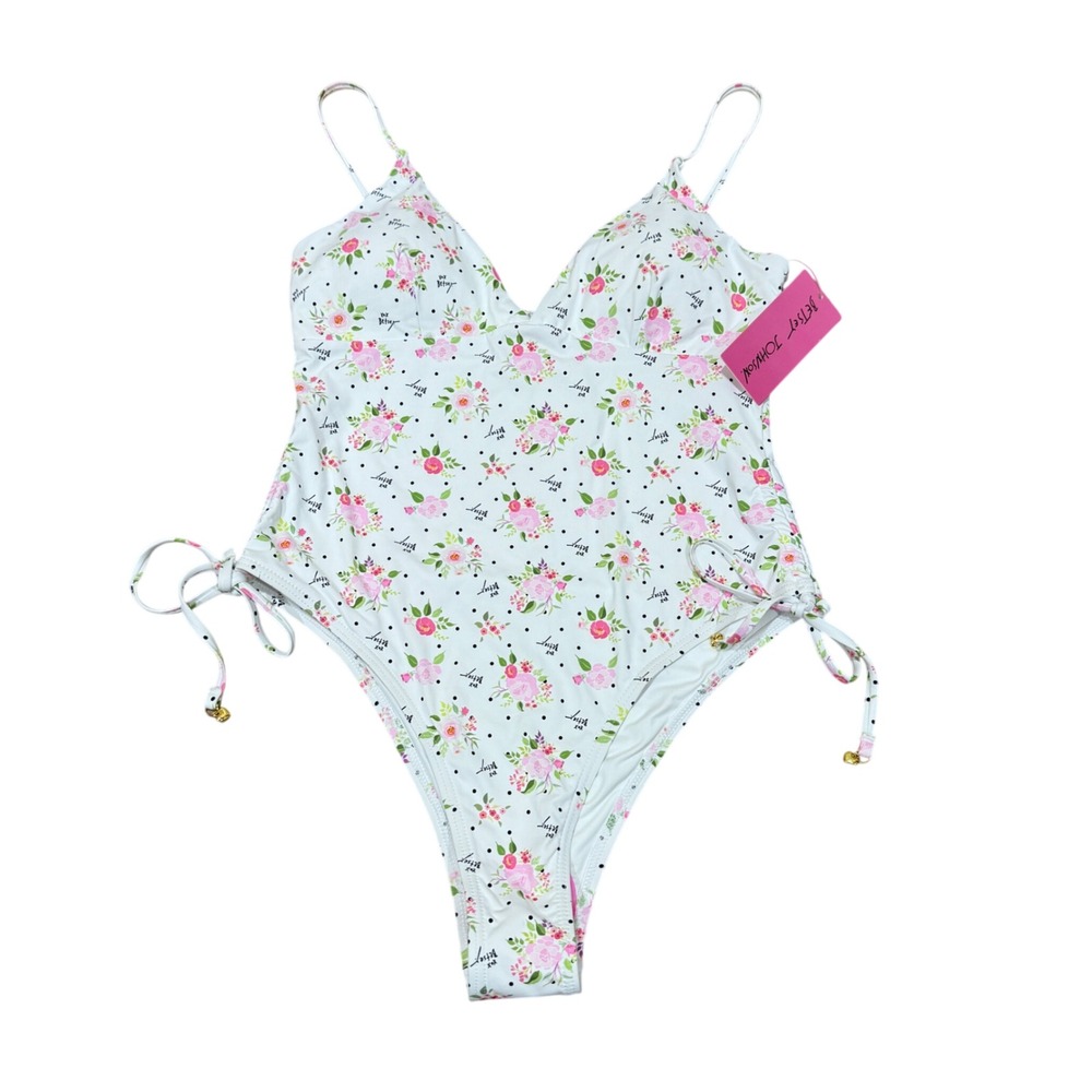 Betsey Johnson Polka Dot Bouquet One Piece V-Neck Swimsuit Large L NWT Beach
